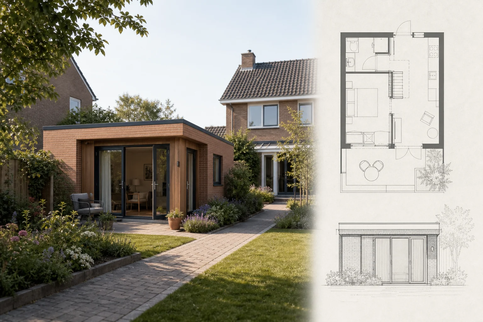 Illustratieve mantelzorgwoning met plattegrond en gevelaanzicht