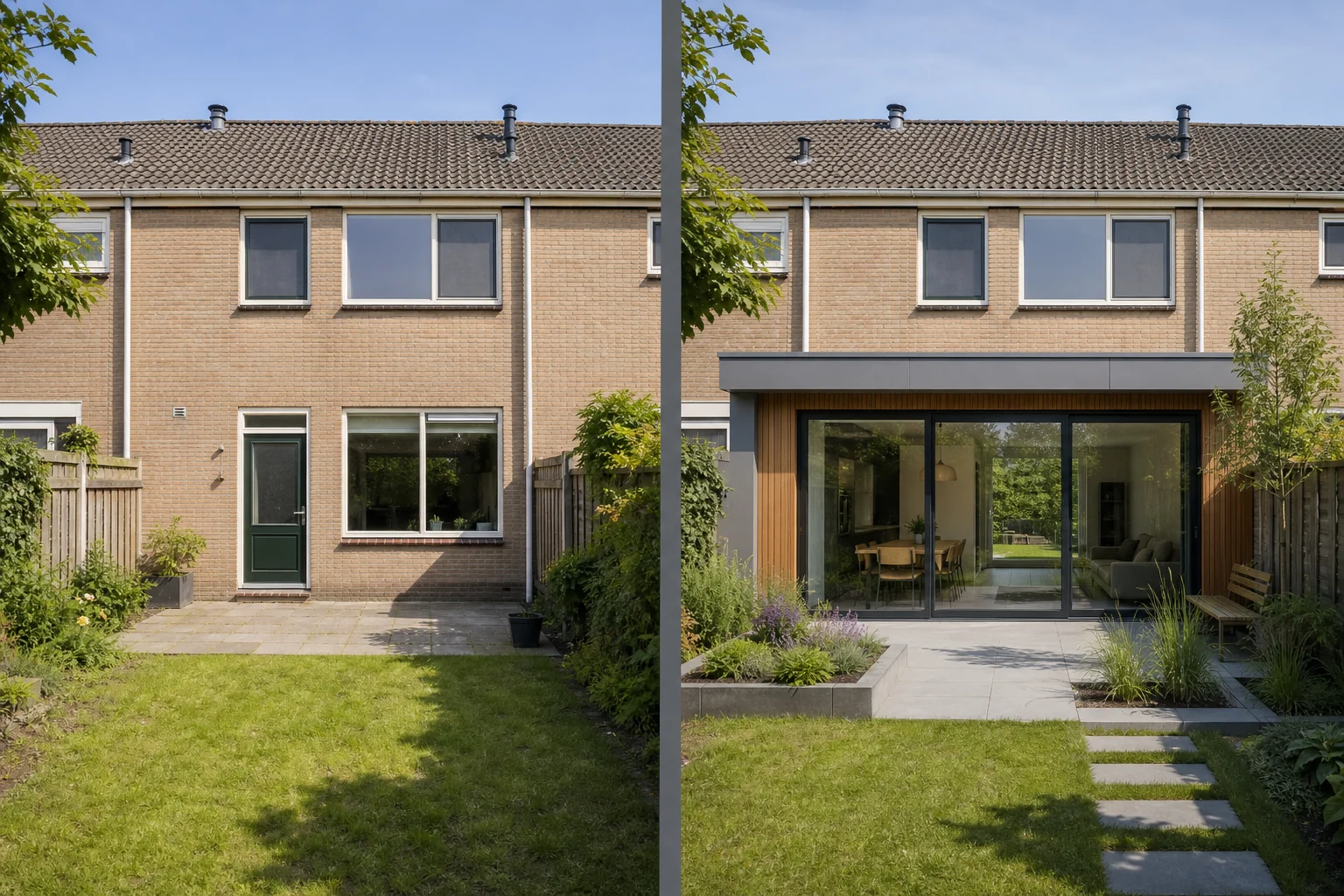 Illustratieve overgang van bestaande woning naar een ontwerp met moderne aanbouw